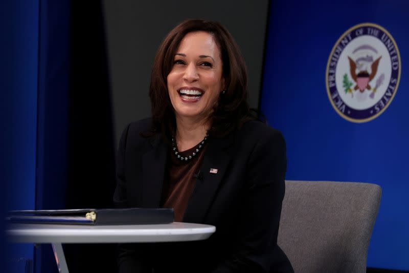 FILE PHOTO: U.S. Vice President Harris delivers a keynote address to the House Democratic Caucus virtually on camera from the White House in Washington