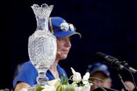 Aug 20, 2017; West Des Moines, IA, USA; A view of the Solheim cup as Annika Sorenstam speaks during the closing ceremony of The Solheim Cup international golf tournament at Des Moines Golf and Country Club. Brian Spurlock-USA TODAY Sports