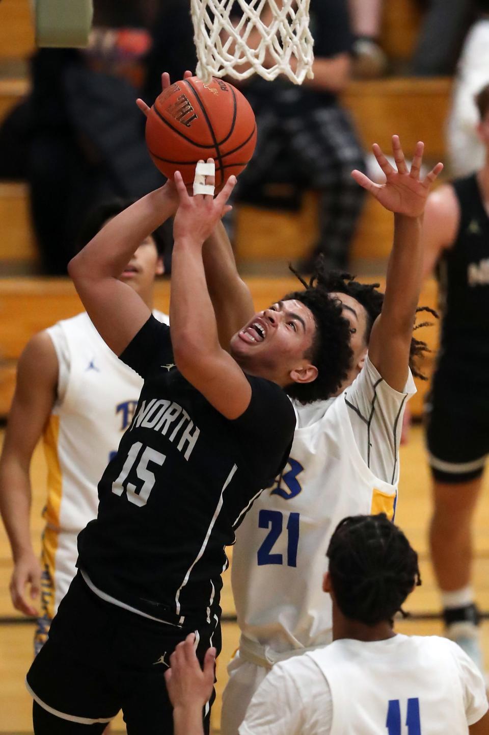 North Kitsap’s Jordan Williams (15) goes up for a basket against Bremerton on Friday, Feb. 2, 2024. North Kitsap won the game 74-38.