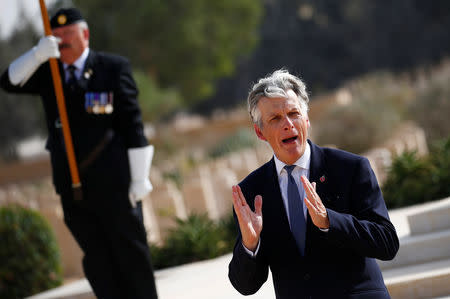 British Ambassador to Egypt, Sir Geoffrey Adams, gives his speech during a ceremony for the anniversary of the Battle of El Alamein, at El Alamein war cemetery of World War Two soldiers in Egypt, October 20, 2018. REUTERS/Amr Abdallah Dalsh