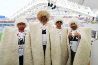 <p>Peru fans enjoy the atmosphere during the 2018 FIFA World Cup Russia group C match between Australia and Peru at Fisht Stadium on June 26, 2018 in Sochi, Russia. (Photo by Stuart Franklin – FIFA/FIFA via Getty Images) </p>