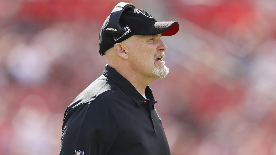 TAMPA, FLORIDA - DECEMBER 29:  Head coach Dan Quinn of the Atlanta Falcons reacts against the Tampa Bay Buccaneers during the first half at Raymond James Stadium on December 29, 2019 in Tampa, Florida. (Photo by Michael Reaves/Getty Images)