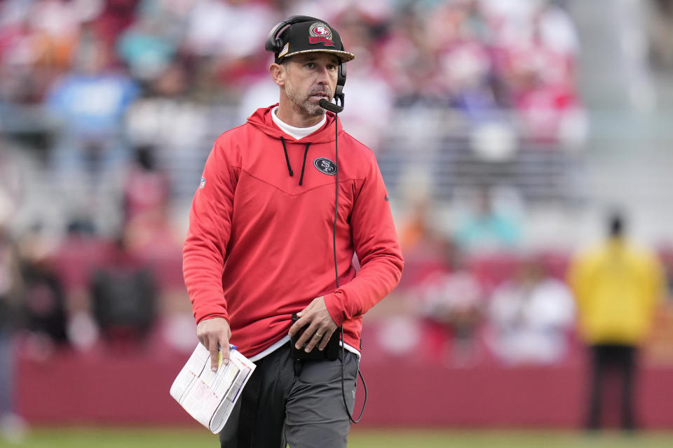 San Francisco 49ers head coach Kyle Shanahan watches from the sideline during the second half of the team's NFL football game against the Miami Dolphins in Santa Clara, Calif., Sunday, Dec. 4, 2022. (AP Photo/Godofredo A. Vásquez)