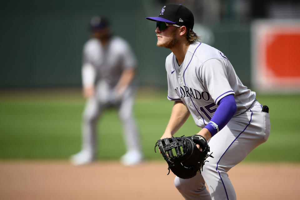 Colorado Rockies first baseman Hunter Goodman waits for the action during the fifth inning of a baseball game against the Baltimore Orioles, Sunday, Aug. 27, 2023, in Baltimore. (AP Photo/Nick Wass)