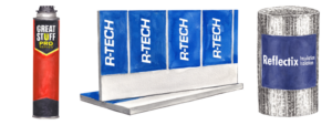 Great Stuff Pro spray foam, R-Tech 1-inch foam insulation boards, and a Reflectix roll