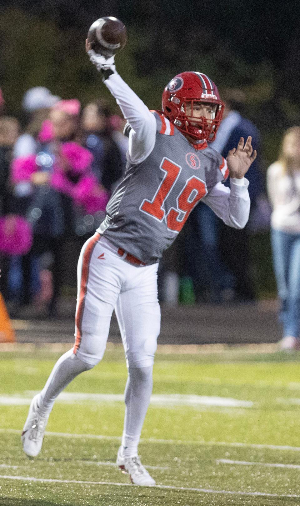 Canton South quarterback Poochie Snyder delivers a pass during Friday's game against Fairless.