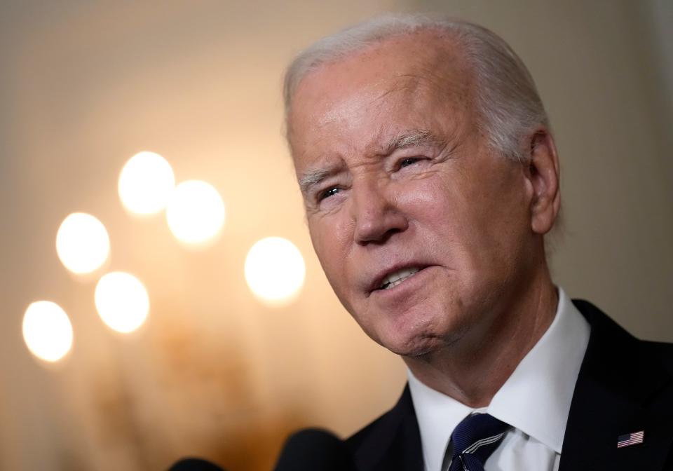 President Joe Biden delivers remarks on the Hamas terrorist attacks in Israel in the State Dining Room of the White House October 10, 2023 in Washington, DC.