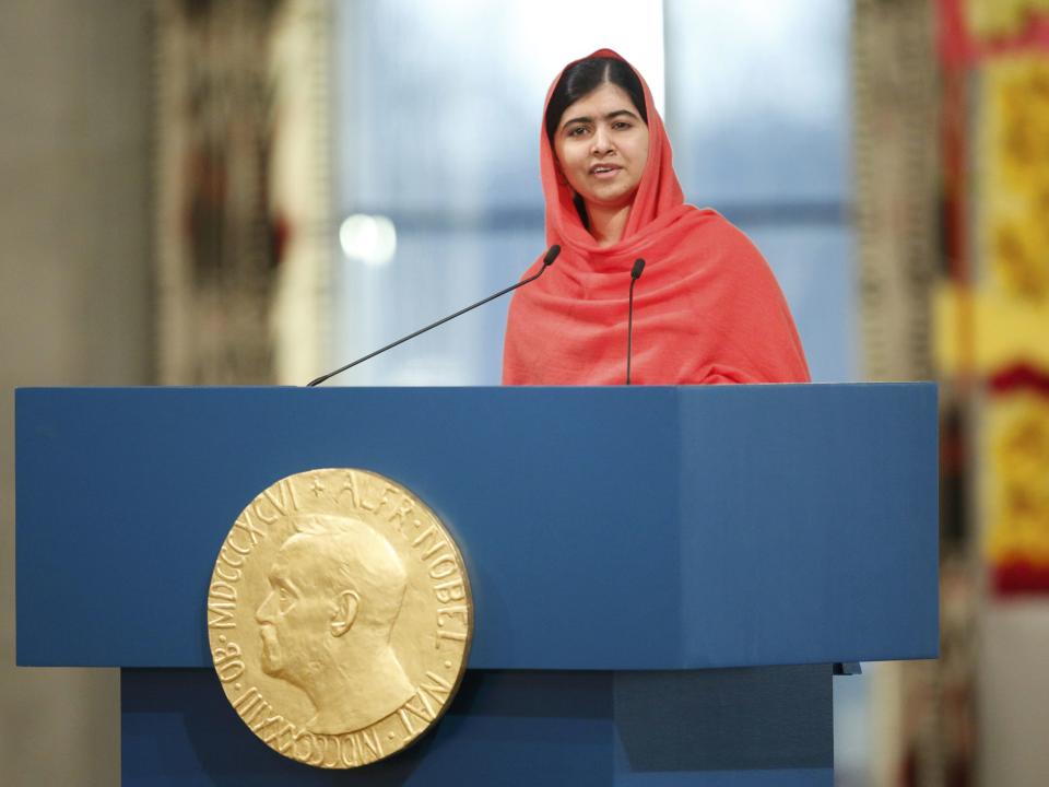 Nobel Peace Prize laureate Yousafzai delivers a speech during the Nobel Peace Prize awards ceremony at the City Hall in Oslo