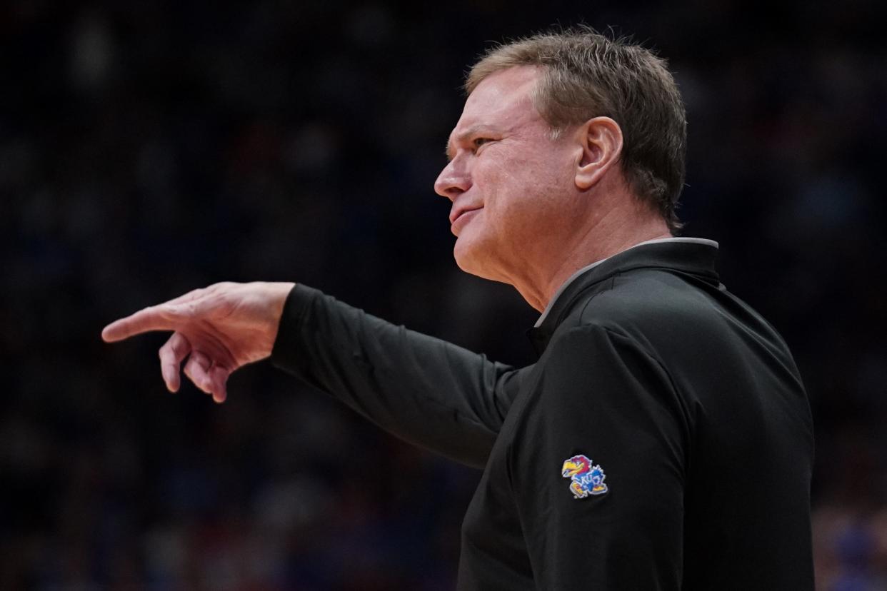 Kansas basketball coach Bill Self gestures to players during a game against BYU on Feb. 27, 2024 inside Allen Fieldhouse in Lawrence.