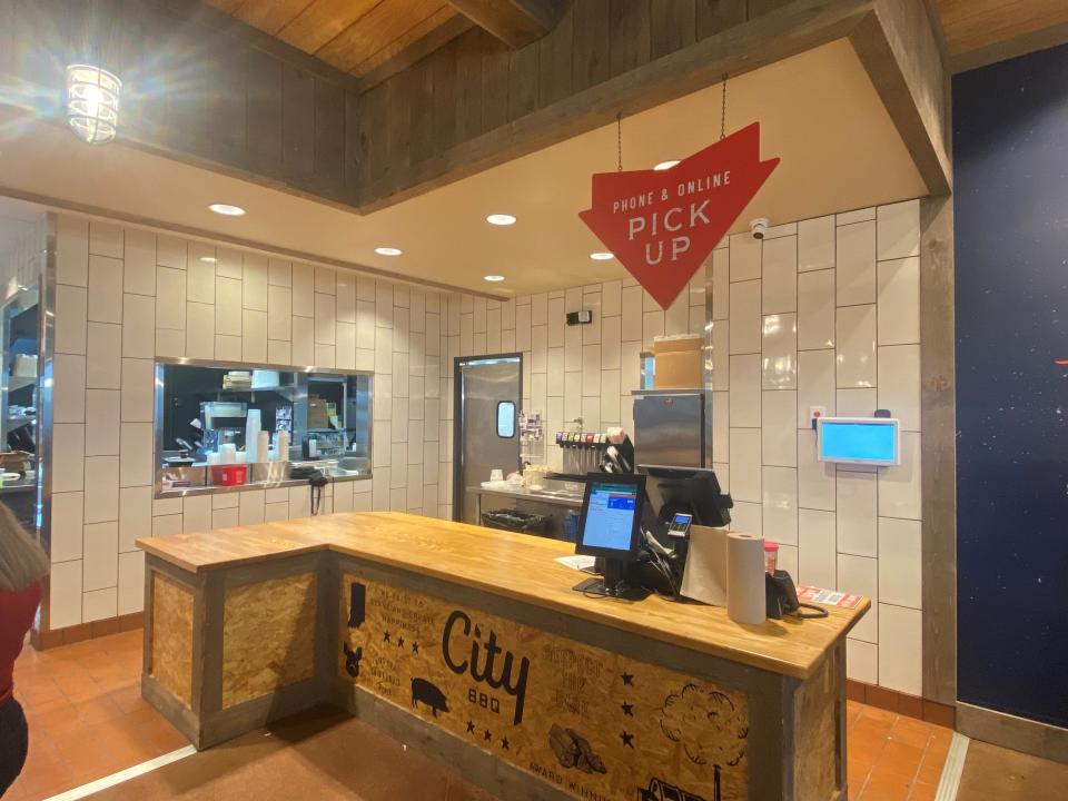 The pick-up counter for phone and online orders at the Lafayette City BBQ location. June 13, 2022