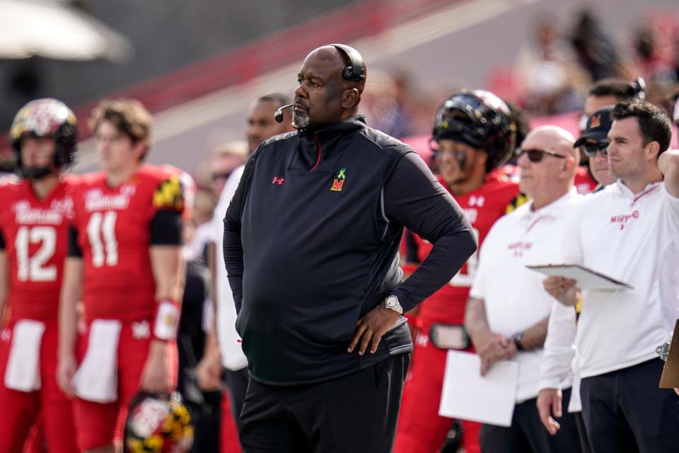 Maryland head coach Mike Locksley looks on during the first half of an NCAA college football game against Indiana, Saturday, Oct. 30, 2021, in College Park, Md. (AP Photo/Julio Cortez)