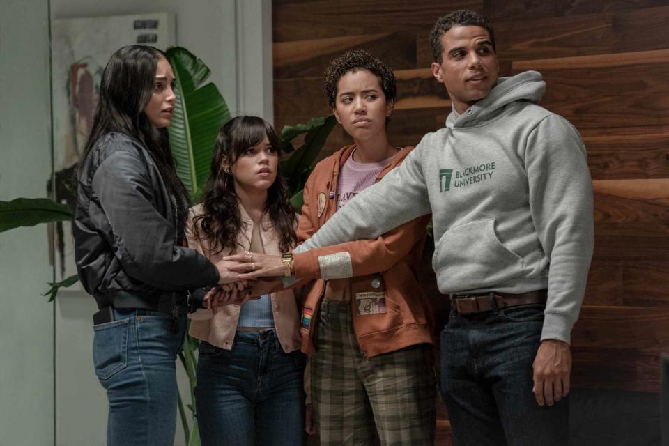 Philippe Bossé/PARAMOUNT PICTURES Melissa Barrera, Jenna Ortega, Jasmin Savoy Brown and Mason Gooding in <em>Scream VI</em> (2023)