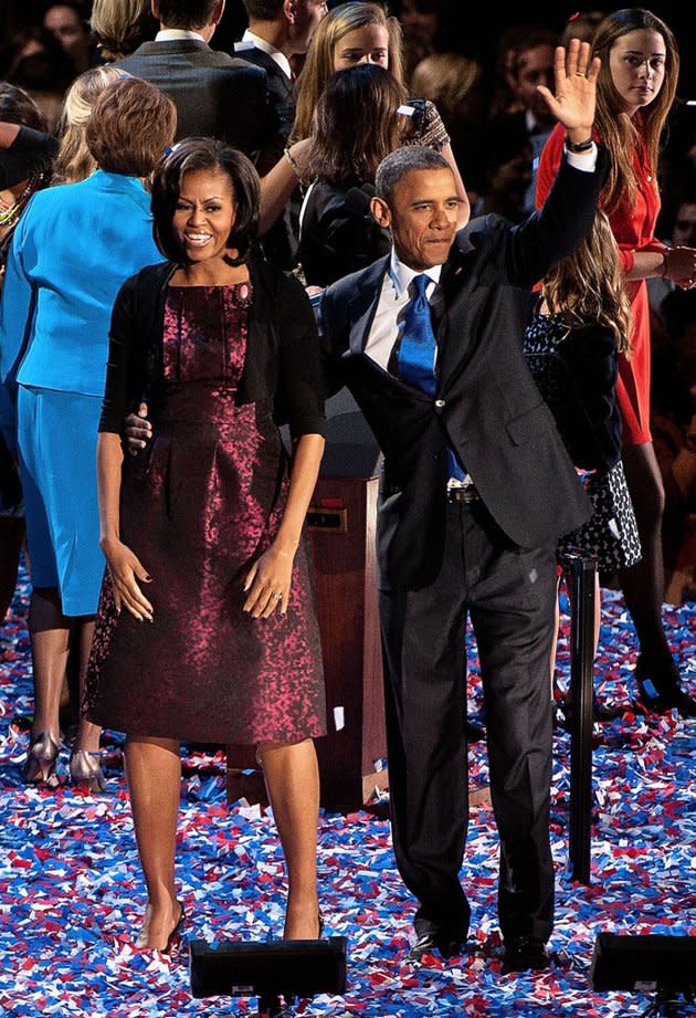 Politics aside, you have to love that Michelle Obama is willing to recycle her looks. Proving that thriftiness can be fashionable, the First Lady rocked this metallic Michael Kors dress (for the third time!) -- along with a cropped black cardigan -- on election night. (Re)work it! (11/6/2012)