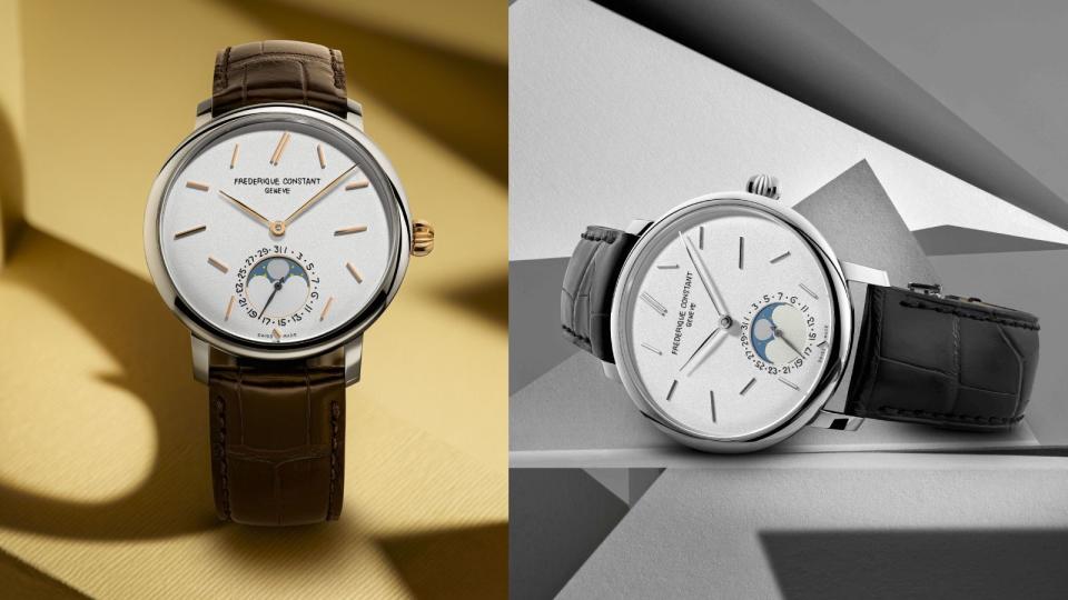 Slimline Moonphase Date Manufacture seconde/seconde/ 有兩個款式，分別是時標和錶冠用上了玫瑰金色調的10枚限量款，以及不鏽鋼版本的100只限額。