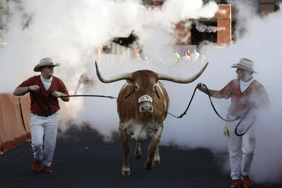 Texas mascot Bevo runs on the field before an NCAA college football game between Texas and LSU, Saturday, Sept. 7, 2019, in Austin, Texas. Football is being played in the Power Five conferences, but many of the longstanding traditions that go along with the games are on hold during the coronavirus pandemic. (AP Photo/Eric Gay)