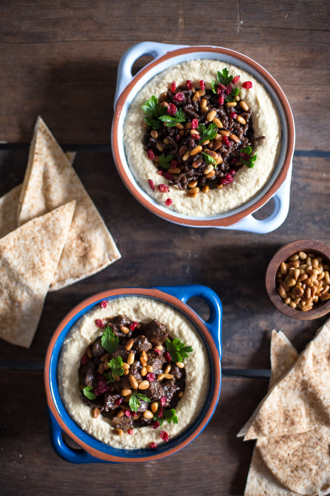 Hummus topped with spiced beef