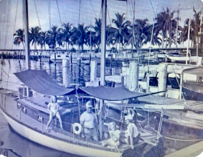 Cathy Goodacre-Lee and her family on their 28-foot boat shortly after sailing down to Fort Myers, Florida from Canada. Left to right: Pam Goodacre, Norman Goodacre, Cathy Goodacre and Betty Goodacre.