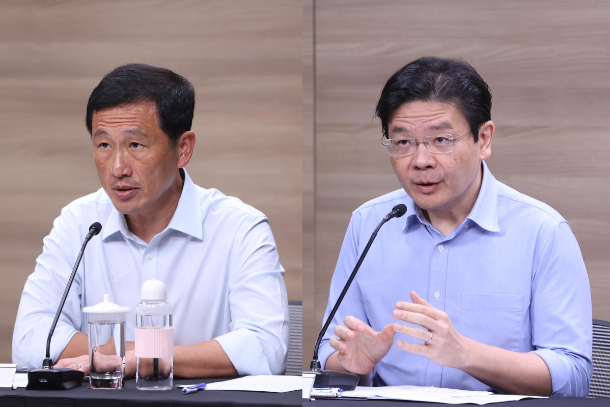 Health Minister Ong Ye Kung (left) and Finance Minister Lawrence Wong – both co-chairs on the multi-ministry COVID-19 taskforce – speak at a doorstop interview with media on 20 October, 2021 in Singapore. (PHOTOS: MCI)