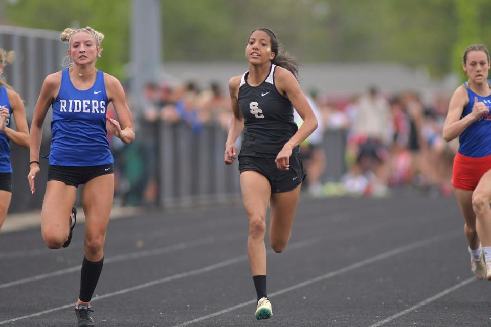 South Central's Angela Williams running at the 2023 Firelands Conference meet.