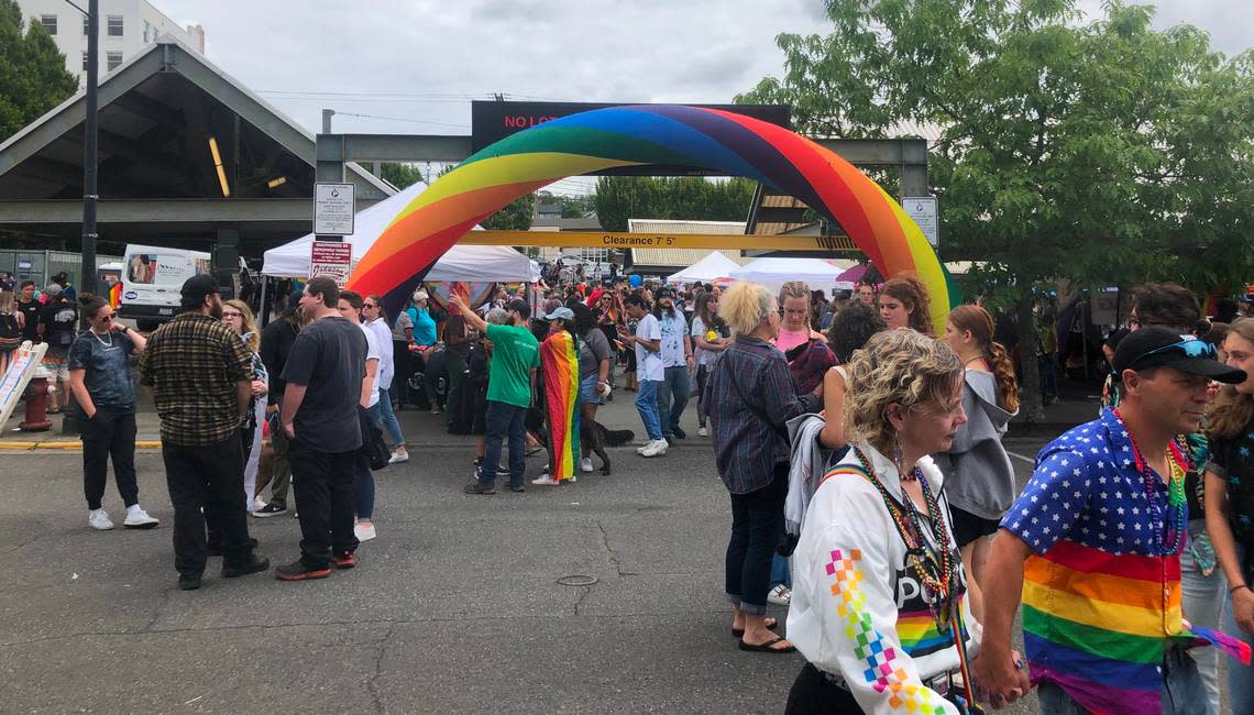 A rainbow arch greets visitors at the entrance to the Bellingham Pride Festival on Sunday, July 17, at Depot Market Square.
