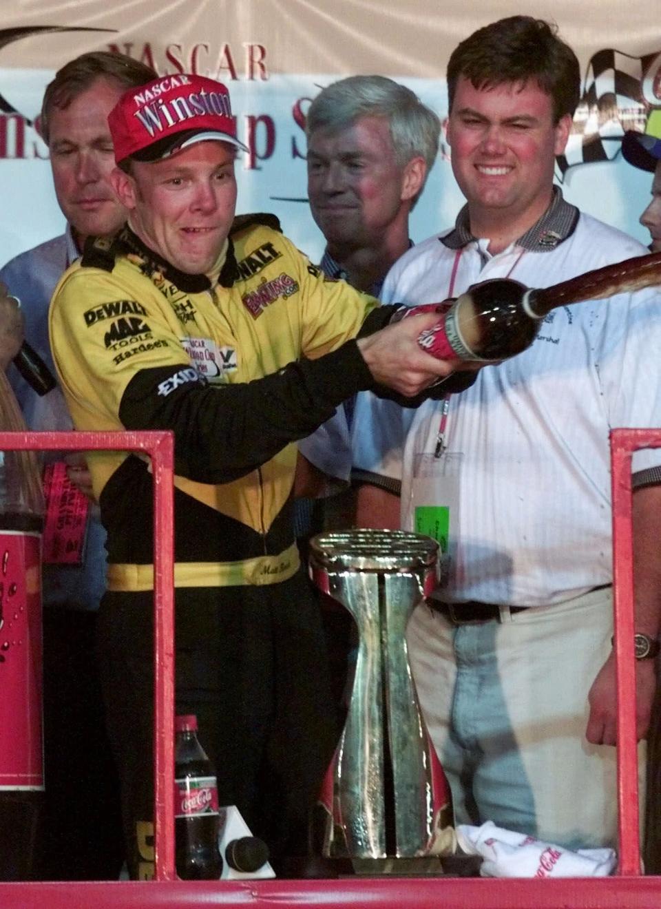 Kenseth sprays Coke in victory lane after his first Cup win.