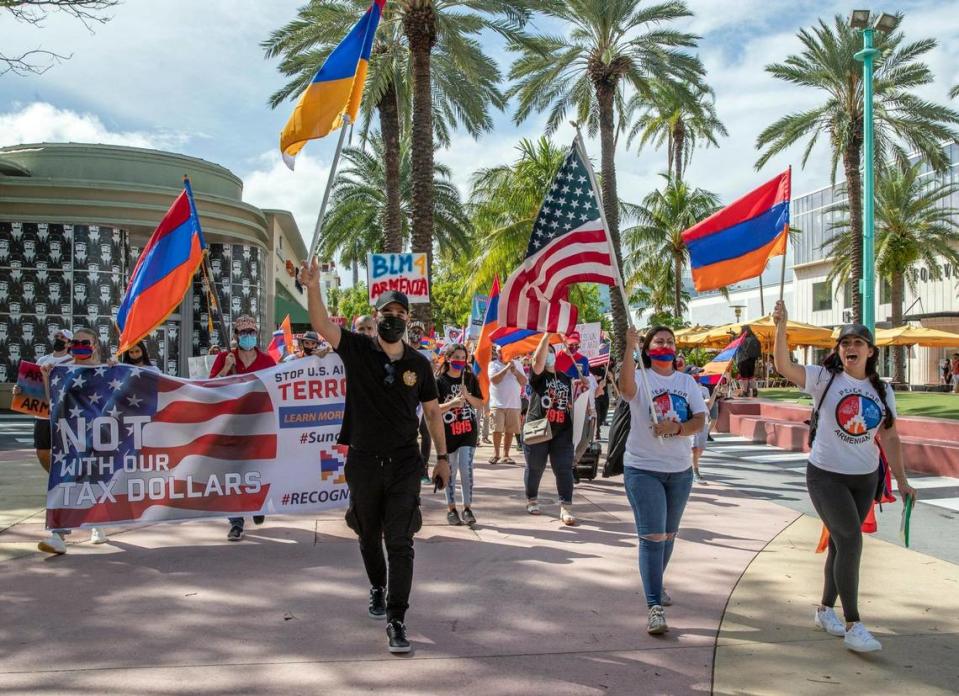Protesters march along Lincoln Road against the government of Azerbaijan, and in favor of national independence for the Republic of Artsakh on Miami Beach on Friday, October 23, 2020.