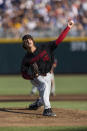 Stanford starting pitcher Quinn Mathews (26) throws against Vanderbilt in the first inning during a baseball game in the College World Series Wednesday, June 23, 2021, at TD Ameritrade Park in Omaha, Neb. (AP Photo/Rebecca S. Gratz)