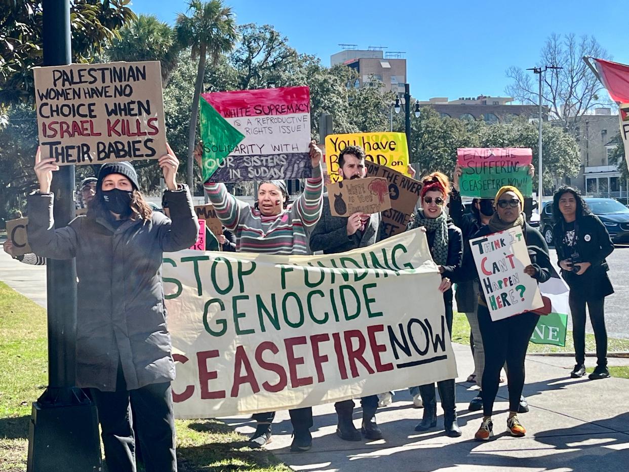 About two-dozen representatives of the organization Savannah for Palestine protest outside the Savannah Civic Center Tuesday ahead of a visit by Vice President Kamala Harris. The group was protesting U.S. support for Israel as Israel carries out its war in Gaza.