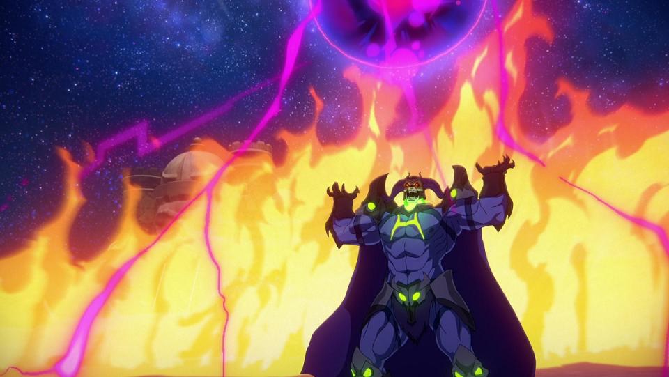 Skeletor laughs maniacally with flames behind him in Masters of the Universe: Revelation.