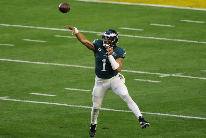 Quarterback Jalen Hurts and the Philadelphia Eagles will face the New England Patriots on Sunday in Foxborough, Mass. File Photo by Aaron Josefczyk/UPI