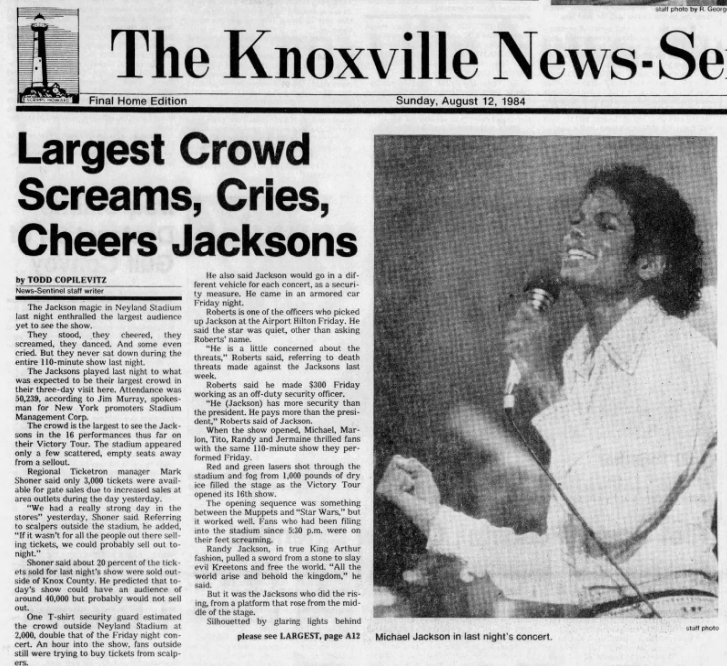 The News Sentinel reported an enthusiastic crowd attended Michael Jackson's Aug. 11, 1984, concert at Neyland Stadium.