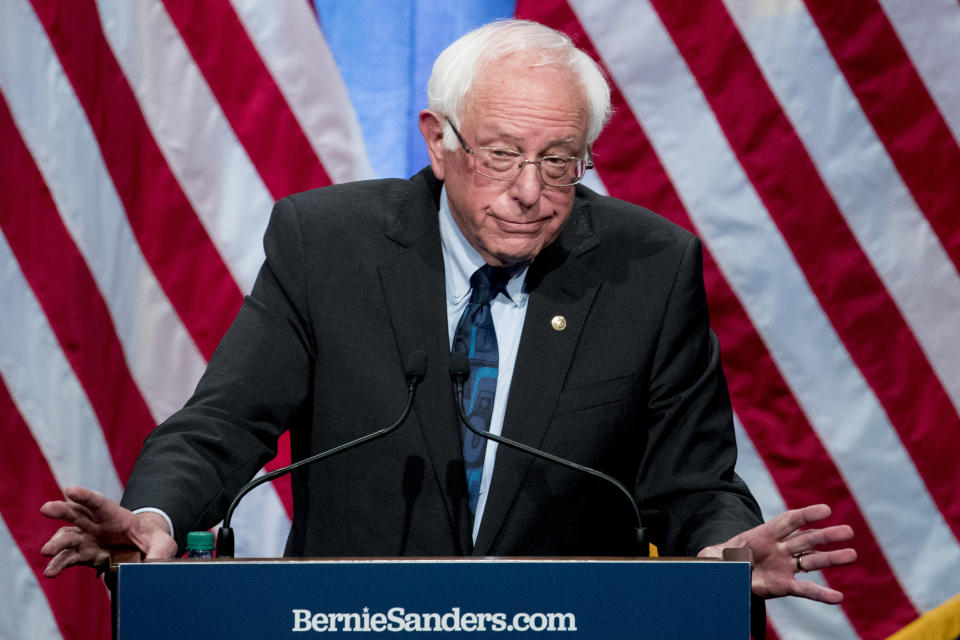 Sen. Bernie Sanders, I-Vt., gestures while speaking at George Washington University in Washington, D.C., earlier this month. (AP Photo/Andrew Harnik)