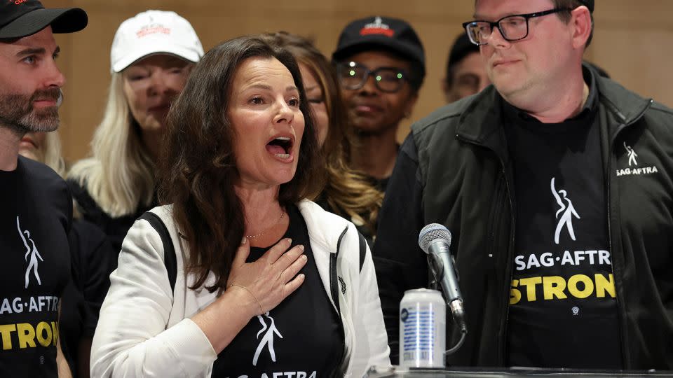 SAG-AFTRA union President Fran Drescher speaking on Thursday. - Mike Blake/Reuters