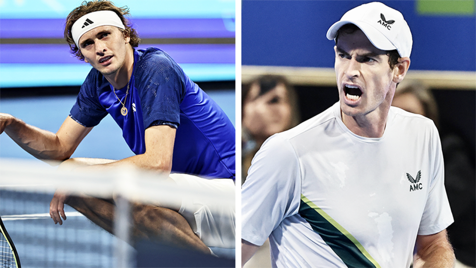 Andy Murray (pictured right) cheering in Doha and (pictured left) Alexander Zverev absolutely exhausted.