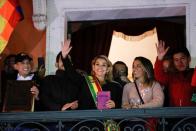 Bolivian Senator Jeanine Anez gestures after she declared herself as Interim President of Bolivia, at the balcony of the Presidential Palace, in La Paz