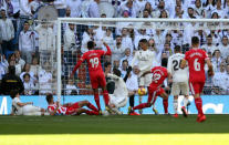 Soccer Football - La Liga Santander - Real Madrid v Girona - Santiago Bernabeu, Madrid, Spain - February 17, 2019 Girona miss a chance before Real Madrid's Sergio Ramos concedes a penalty REUTERS/Susana Vera