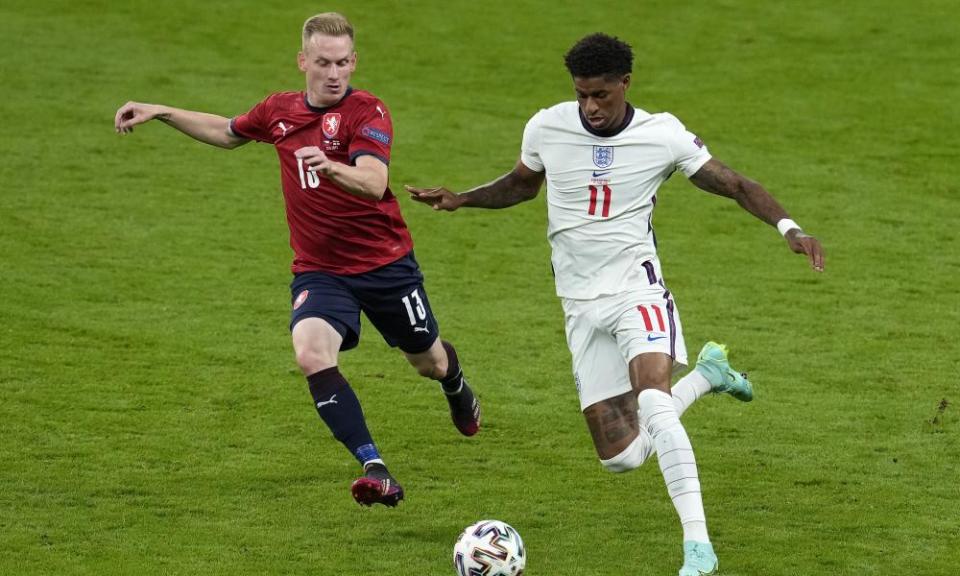 Marcus Rashford, pictured in action against the Czech Republic, is one of several England players who had not yet been born when England lost against Germany at Euro 96.