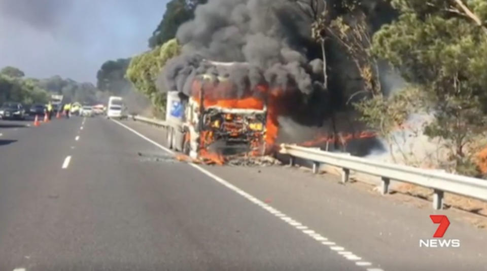 A driver has been praised by police for his bravery after his truck caught fire on Sydney’s M1. Source: 7 News