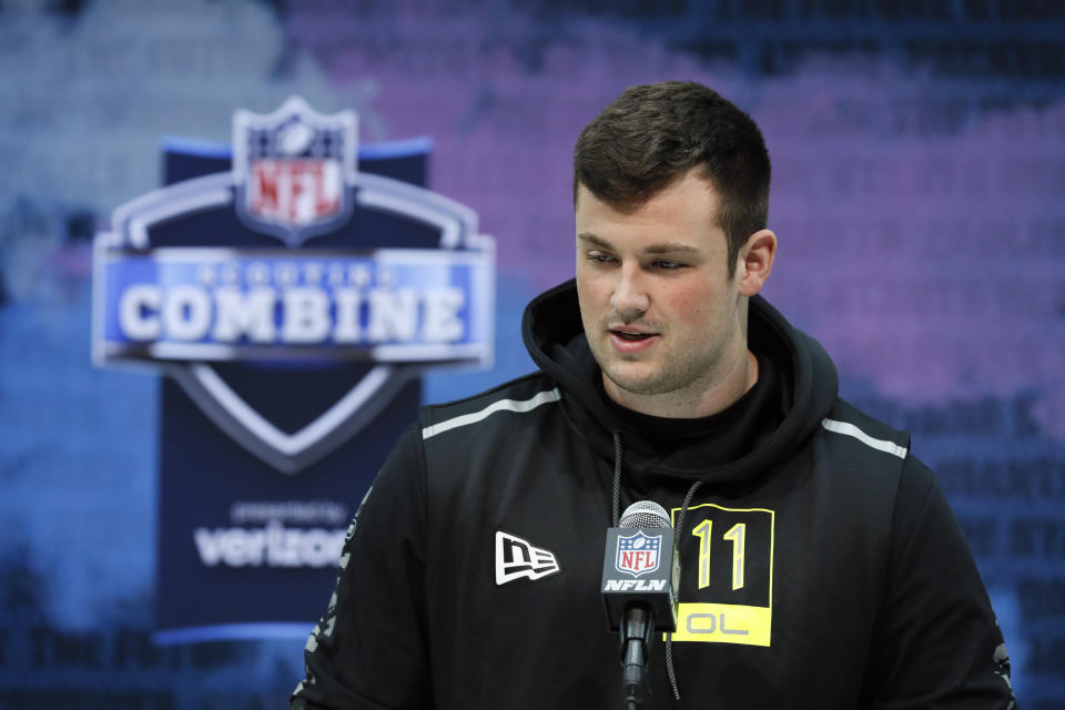 FILE - In this Feb. 26, 2020, file photo, Boise State offensive lineman Ezra Cleveland speaks during a press conference at the NFL football scouting combine in Indianapolis. Cleveland is a possible pick in the NFL Draft which runs Thursday, April 23, 2020, thru Saturday, April 25. (AP Photo/Charlie Neibergall, File)