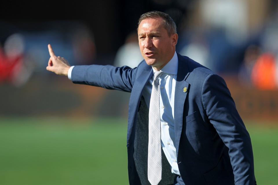 FILE - Columbus Crew head coach Caleb Porter gestures during the first half of an MLS soccer game against the New England Revolution, Saturday, March 9, 2019, in Foxborough, Mass. Porter was hired as coach of the New England Revolution on Tuesday, Dec. 19, 2023, after leading Portland and Columbus to Major League Soccer titles.(AP Photo/Stew Milne, File)