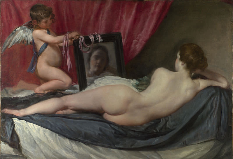 Call it "The Toilet of Venus," "Venus at her Mirror," "Venus and Cupid," or "La Venus del Espejo," Velázquez's nude painting shows a woman deriving pleasure from the site of her own naked self. For a painting made between 1647 and 1651 -- a time period marked by the Spanish public's disdain for naked bodies in art -- the work was on the salacious side. (In case you were wondering, Titian and Rubens also made their own versions of Venus at a mirror.)