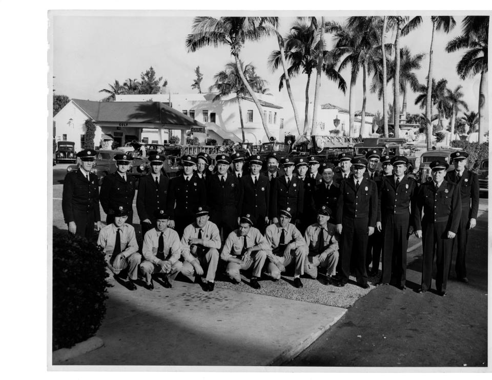 The town Fire Department assembles for a photograph in 1949. Courtesy of Denise Peed Pilversack