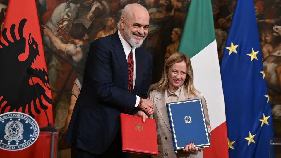 Italy's Prime Minister, Giorgia Meloni and Albania's Prime Minister Edi Rama give a joint news conference as they signed an agreement on migration in Rome on November 6. - Tiziana Fabi/AFP/Getty Images