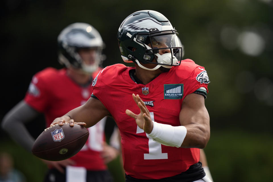 FILE - Philadelphia Eagles' Jalen Hurts participates in a drill during the NFL football team's training camp, Sunday, Jan. 3, 2021, in Philadelphia. Hurts had a breakout season in 2022, finishing runnerup to Patrick Mahomes for AP NFL MVP and third behind Justin Jefferson and Mahomes for AP Offensive Player of the Year. (AP Photo/Matt Slocum, File)