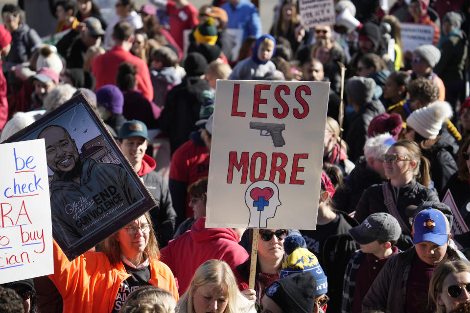 Students and parents from schools across Colorado take part in a rally calling for state lawmakers to consider gun control measures during the current legislative session Friday, March 24, 2023, outside the State Capitol in Denver. (AP Photo/David Zalubowski)