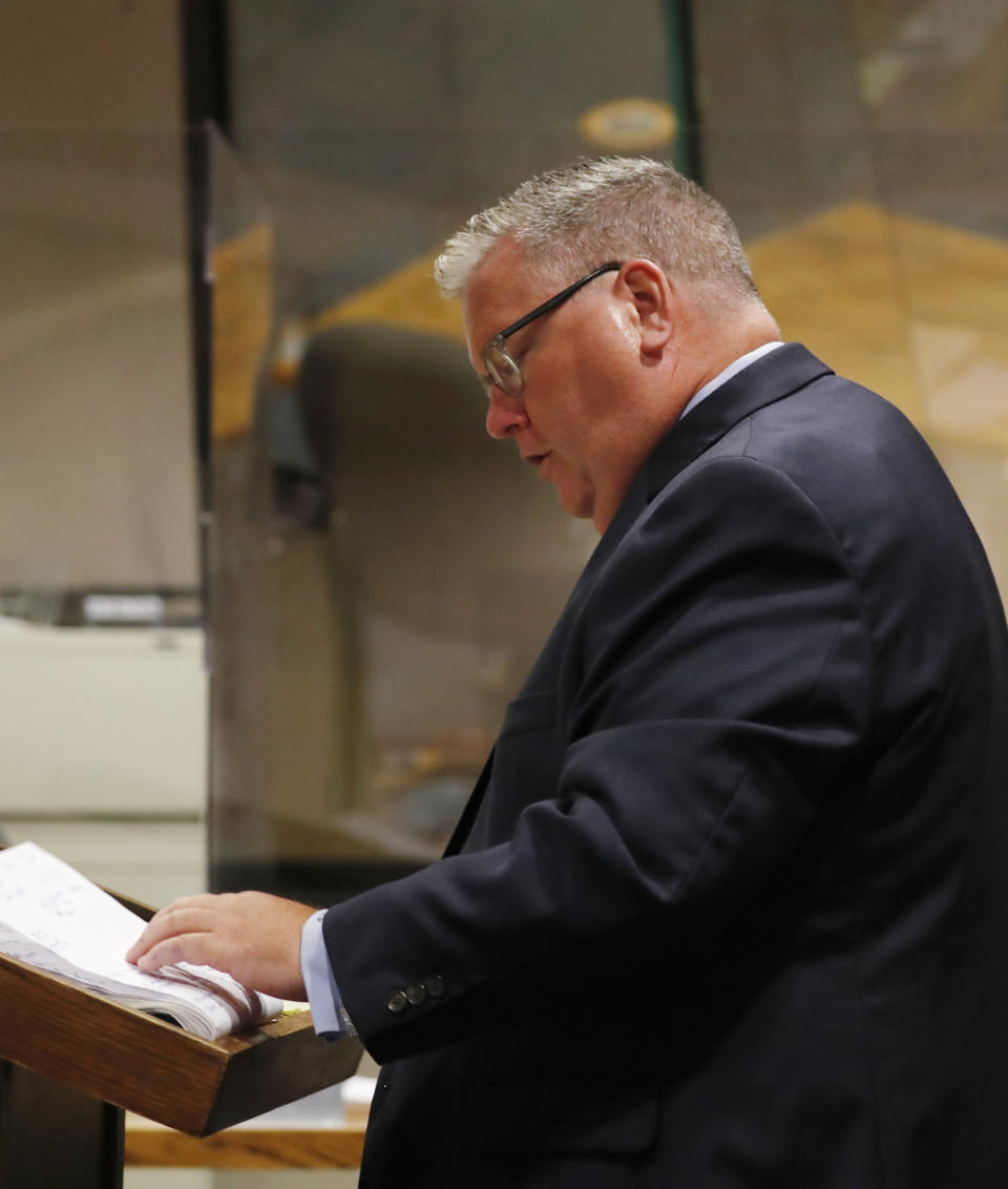 Prosecuting attorney Brian Holmes speaks during the sentencing hearing of Kenneth Williams for the murder of Hadiya Pendleton at the Leighton Criminal Court Building in Chicago, Tuesday, July 20, 2021. Williams, the getaway driver in the 2013 fatal shooting of the Chicago high school honor student who just days before her death had performed at President Barack Obama's second inauguration festivities, was sentenced Tuesday to 42 years in prison. (Jose M. Osorio/Chicago Tribune via AP, Pool)