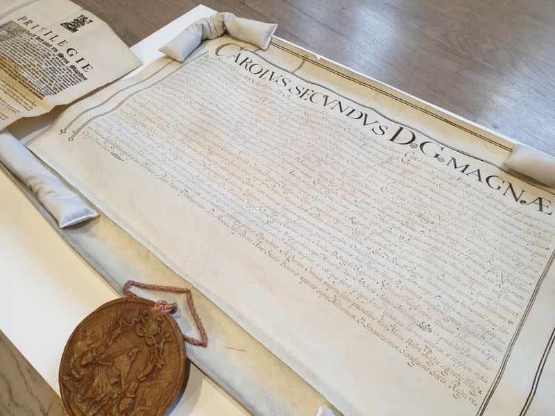 View of a "Fisheries Privilege" original document, signed by King Charles II in 1666, that is conserved at the State Archives of Belgium, in Bruges