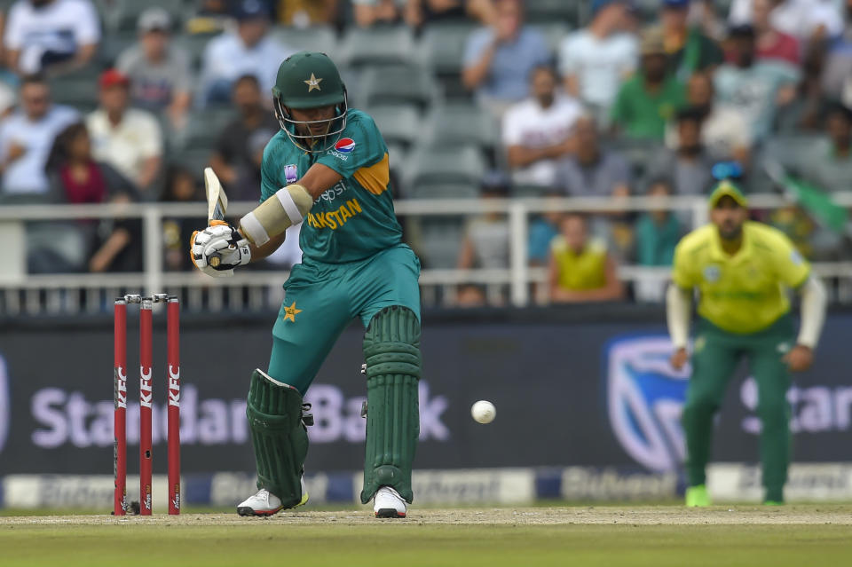 Pakistan's Babar Azam playing a shot during the T20I cricket match between South Africa and Pakistan at Wanderers Stadium in Johannesburg, South Africa, Sunday, Feb. 3, 2019. (AP Photo/Christiaan Kotze)