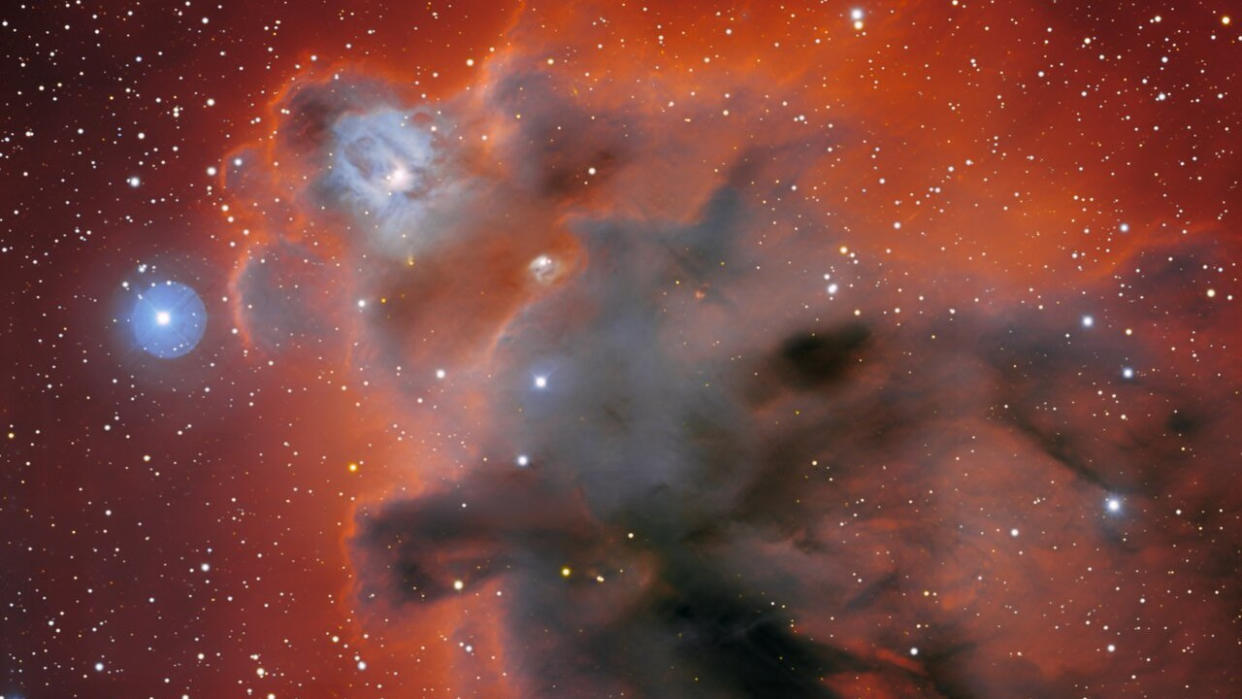  A gray-black dark nebula spreads through space, obscuring dozens of background stars. 