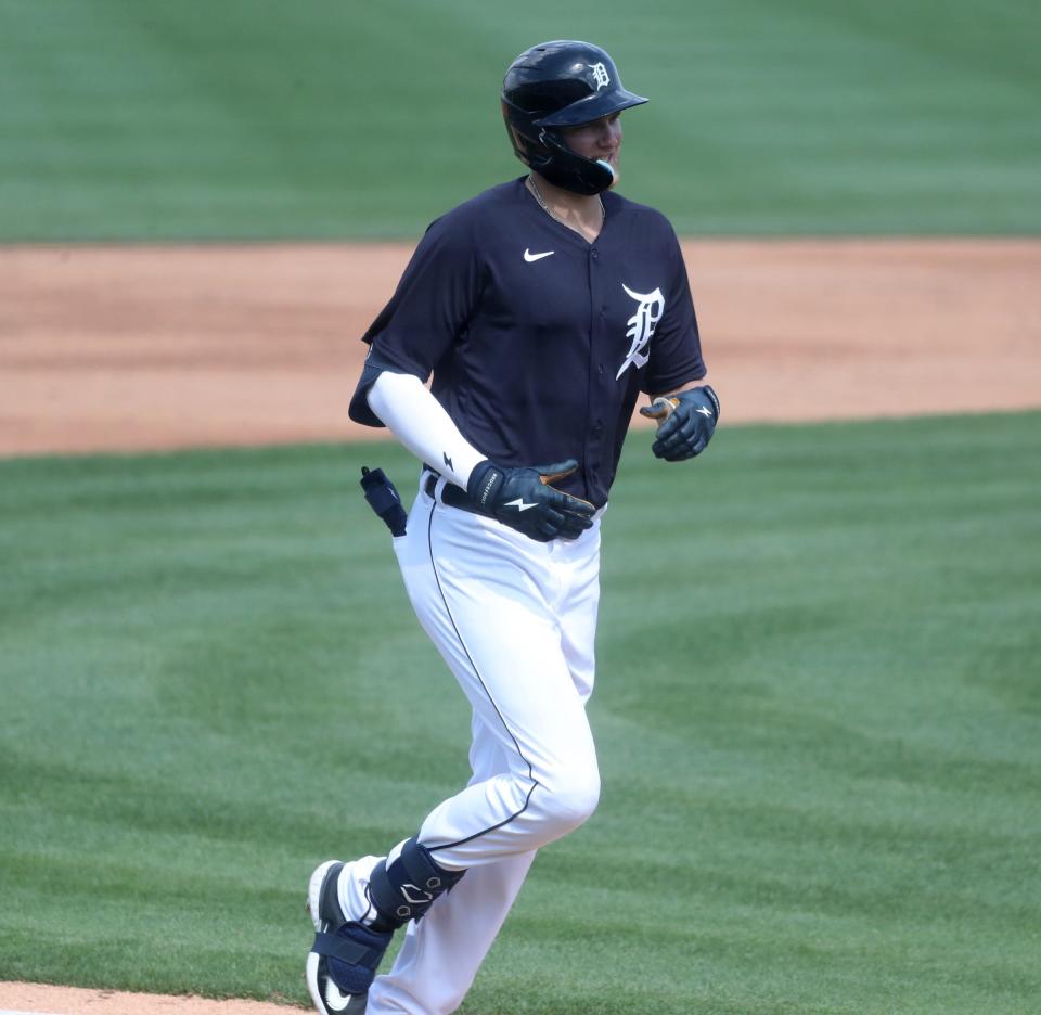 Detroit Tigers center fielder Parker Meadows (22) rounds third after his homer against Philadelphia Phillies relief pitcher Erich Uelmen (not pictured) during Grapefruit League action at Publix Field at Joker Marchant Stadium in Lakeland, Florida, on Saturday, Feb.  25, 2023.